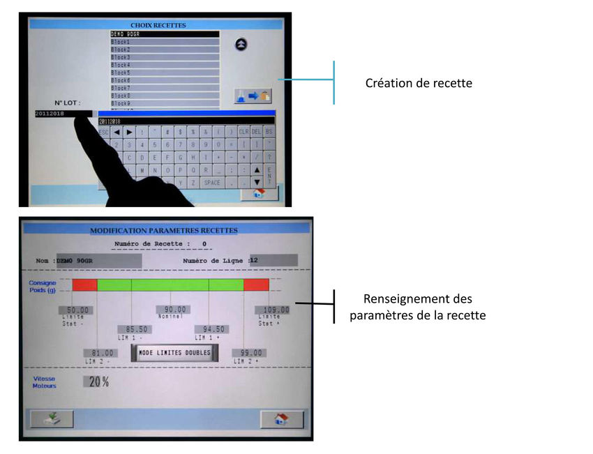 Écran de contrôle "Expert" Ecran des recettes de trieuse pondérale - Écran de contrôle "Expert"