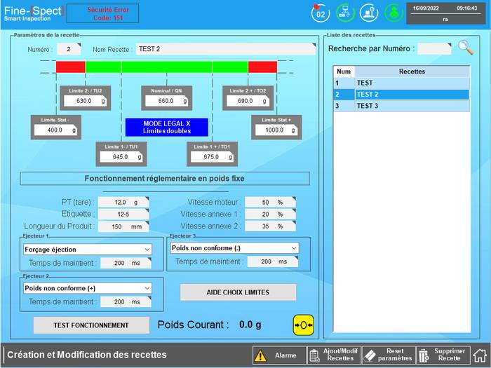 Céation de recettes trieuse pondérale - Supervision de trieuse pondérale "Expert"