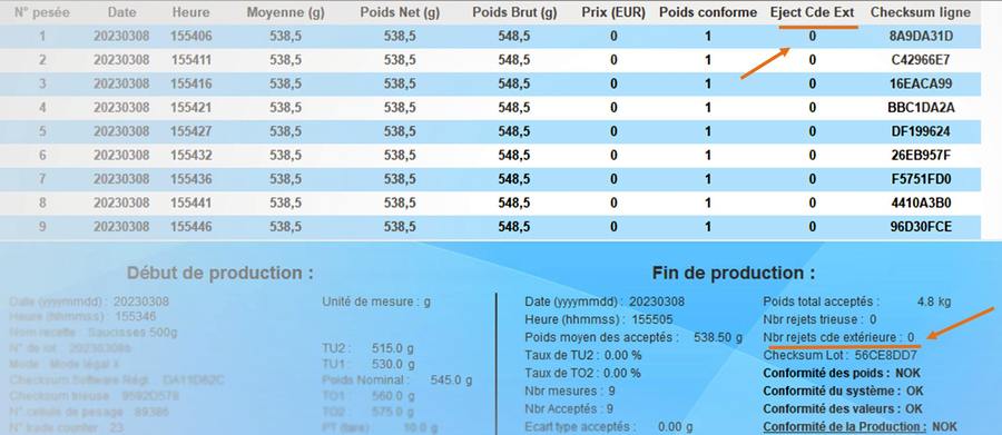 Rapport de production trieuse ponderale - Gestion de détecteurs de métaux par la trieuse FW120